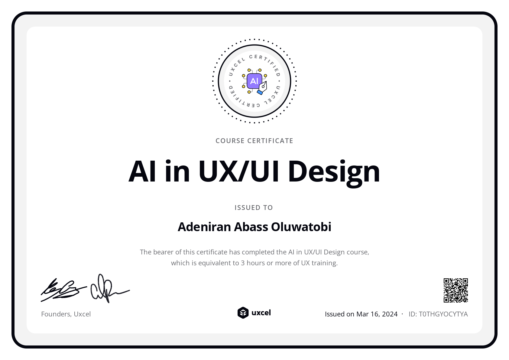 Adeniran Abass Oluwatobi's certificate
